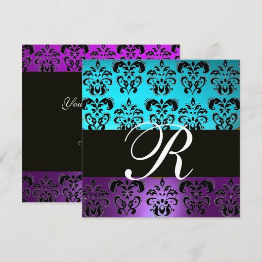 PAARSE ZWARTE BLAUWGROEN BLAUWE DAMASKMONOGRAM KAART (Voorkant / Achterkant)