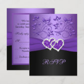 Paarse Zwarte Bloemen Gevoegde Harten RSVP-Kaart RSVP Kaartje (Voorkant / Achterkant)