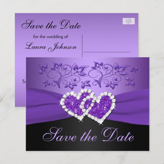 Paarse Zwarte Bloemen Harten Save the Date Post Ka Aankondigingskaart (Voorkant / Achterkant)