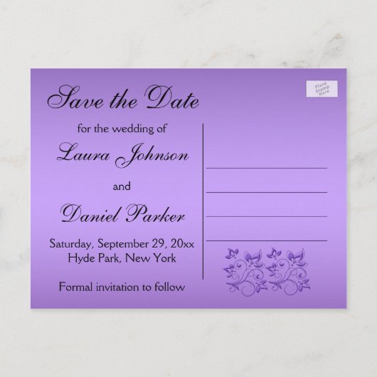 Paarse Zwarte Bloemen Harten Save the Date Post Ka Aankondigingskaart (Achterkant)