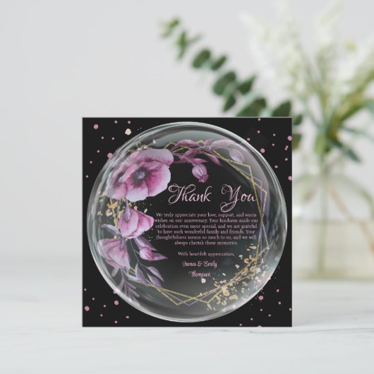 Paarse & Zwarte Bloemen Lijst bruiloft Jubileum Bedankkaart (Staand voorkant)