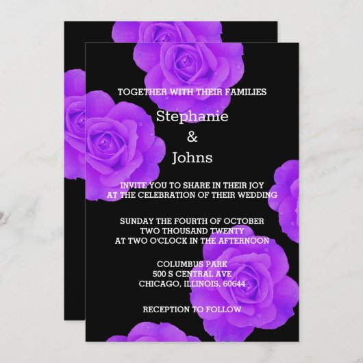 Paarse Zwarte Bloemen Moderne Elegante Boho Huweli Kaart (Voorkant / Achterkant)