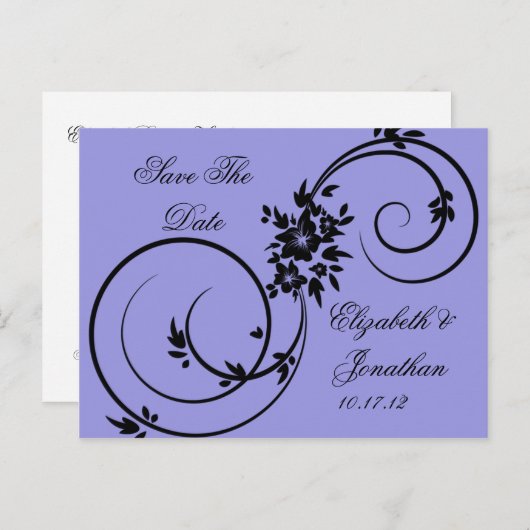 Paarse zwarte bloemenwervelingen Bewaar de datum Aankondigingskaart (Voorkant / Achterkant)