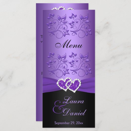 Paarse, zwarte bloemige samengevoegde harten Menu (Voorkant / Achterkant)
