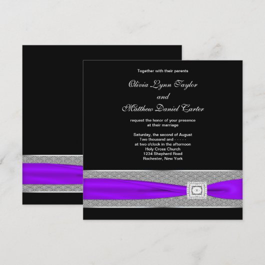 Paarse zwarte bruiloft kaart (Voorkant / Achterkant)