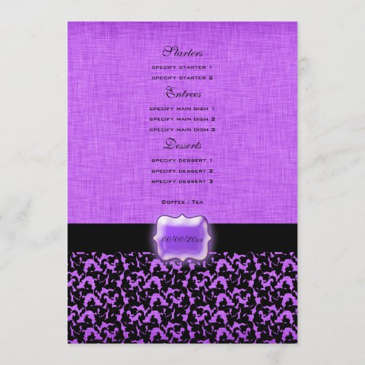 Paarse zwarte bruiloft menu sjabloon (Achterkant)