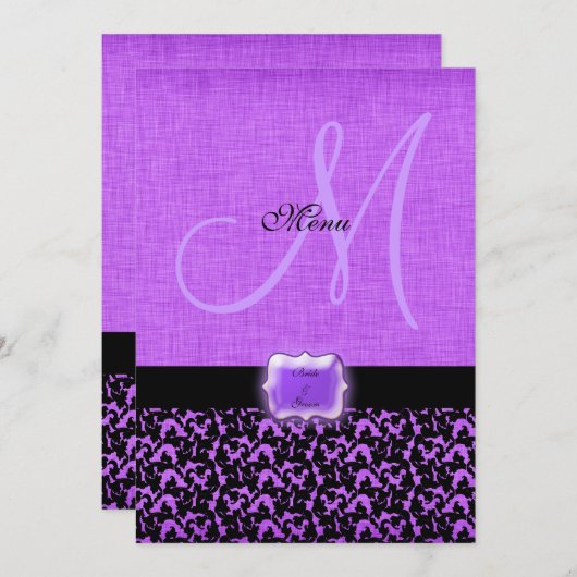 Paarse zwarte bruiloft menu sjabloon (Voorkant / Achterkant)