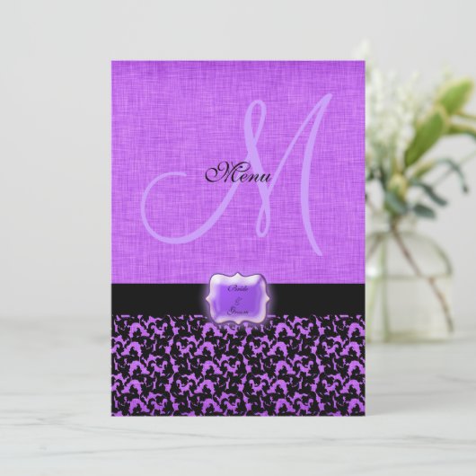 Paarse zwarte bruiloft menu sjabloon (Staand voorkant)