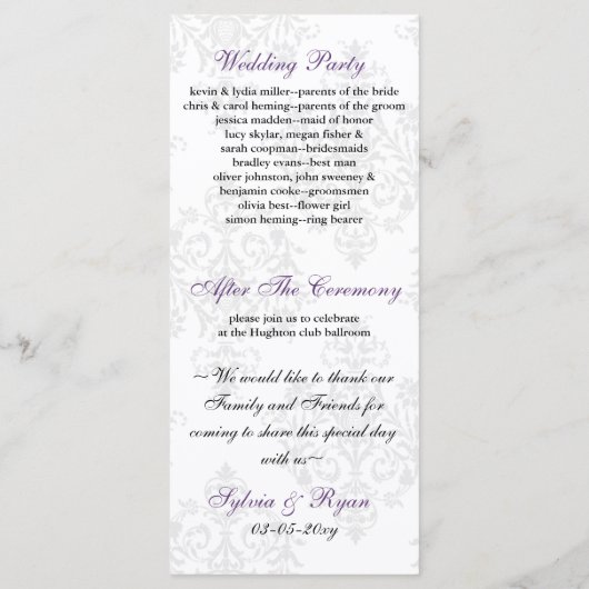 paarse zwarte bruiloft programma programmakaart (Achterkant)