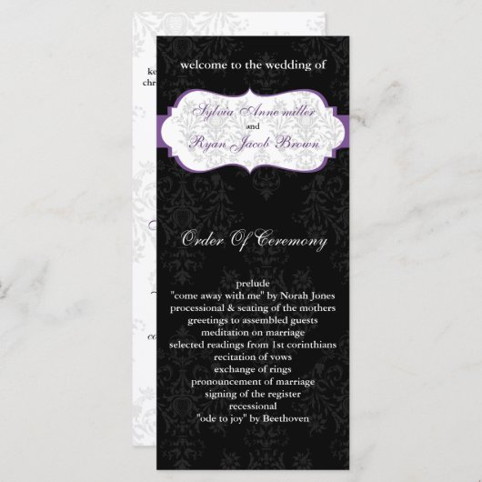 paarse zwarte bruiloft programma programmakaart (Voorkant / Achterkant)