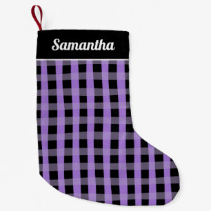 Paarse Zwarte Buffalo Plaid Gepersonaliseerde Naam Kleine Kerstsok