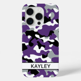 Paarse Zwarte Camouflage Persoonlijk iPhone 15 Pro Case