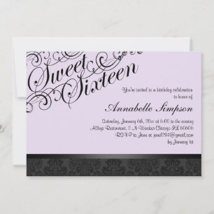 Paarse & zwarte Chic Damask Sweet16 Uitnodigen Kaart