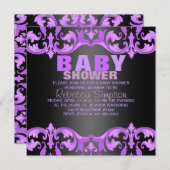 Paarse & zwarte Damask Baby shower Uitnodiging (Voorkant / Achterkant)