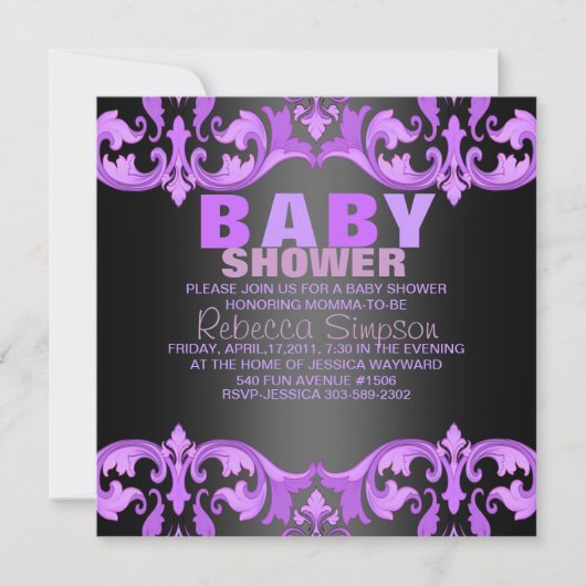 Paarse & zwarte Damask Baby shower Uitnodiging (Voorkant)