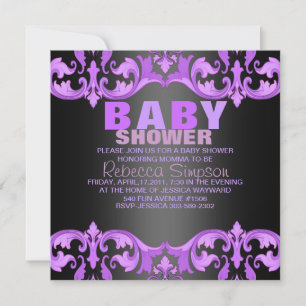 Paarse & zwarte Damask Baby shower Uitnodiging