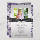 Paarse Zwarte Damask Meisjes Foto Afstuderen Kaart (Voorkant / Achterkant)