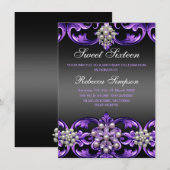 Paarse/zwarte Damask & Pearl Sweet16 Uitnodigen Kaart (Voorkant / Achterkant)
