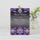 Paarse/zwarte Damask & Pearl Sweet16 Uitnodigen Kaart (Staand voorkant)