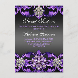 Paarse/zwarte Damask & Pearl Sweet16 Uitnodigen Kaart