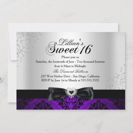 Paarse Zwarte Damask Sparkle Sweet 16 Invite Kaart (Voorkant)