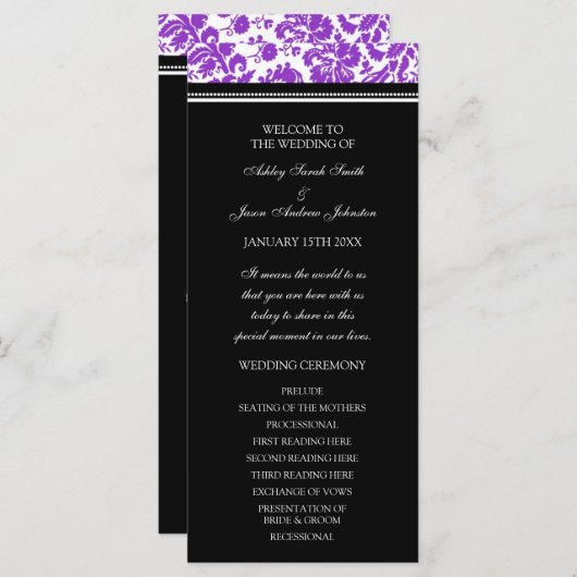 Paarse zwarte Damask Wedding Program Programmakaart (Voorkant / Achterkant)