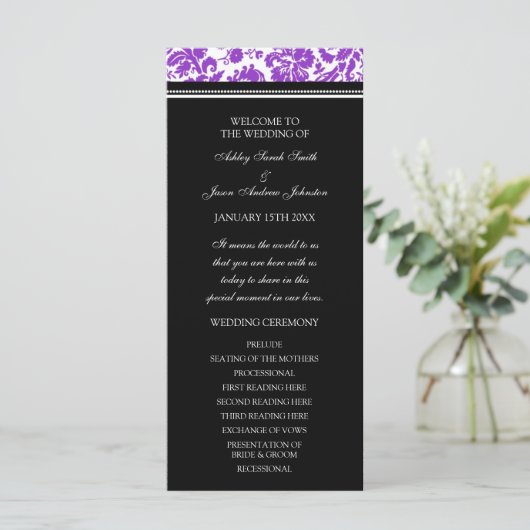 Paarse zwarte Damask Wedding Program Programmakaart (Staand voorkant)