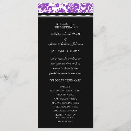 Paarse zwarte Damask Wedding Program Programmakaart (Voorkant)
