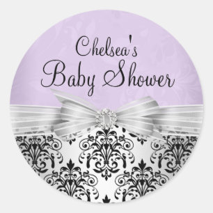 Paarse & Zwarte Damast Baby Shower Sticker