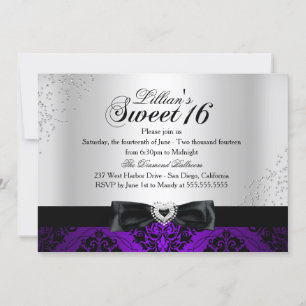 Paarse Zwarte Damast Glans Sweet 16 Uitnodiging