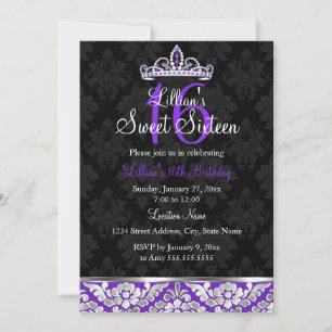 Paarse Zwarte Damast & Tiara Sweet 16 Uitnodiging