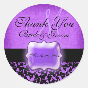 Paarse zwarte "dank u" bruiloft damask ronde sticker