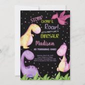 Paarse zwarte dinosaurus verjaardagsuitnodigingen kaart (Voorkant)