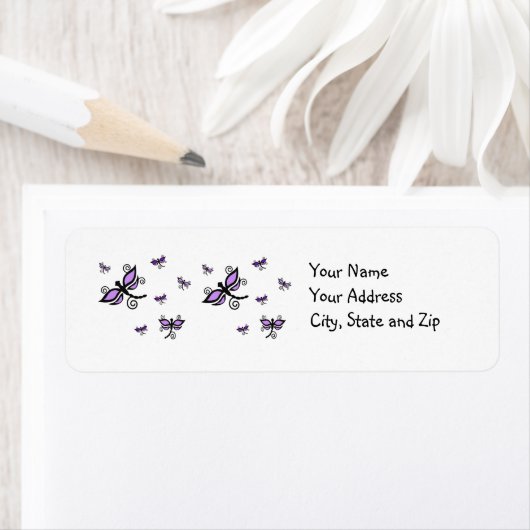 Paarse & zwarte Dragonflies op adreslabel Etiket (Insitu)