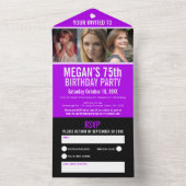 Paarse zwarte drie foto's 75th Birthday party All In One Uitnodiging (Binnen)