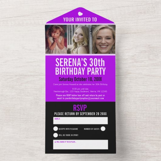 Paarse zwarte drie foto's op 30e verjaardag all in one uitnodiging (Binnen)