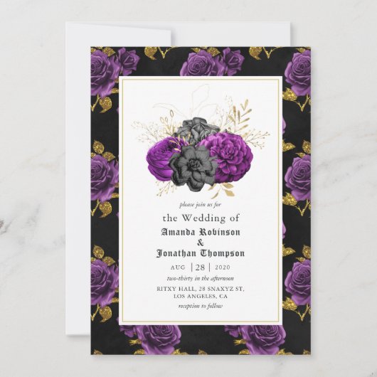 Paarse, Zwarte en Gouden Bloemrijke Gotische Bruil Kaart (Voorkant)
