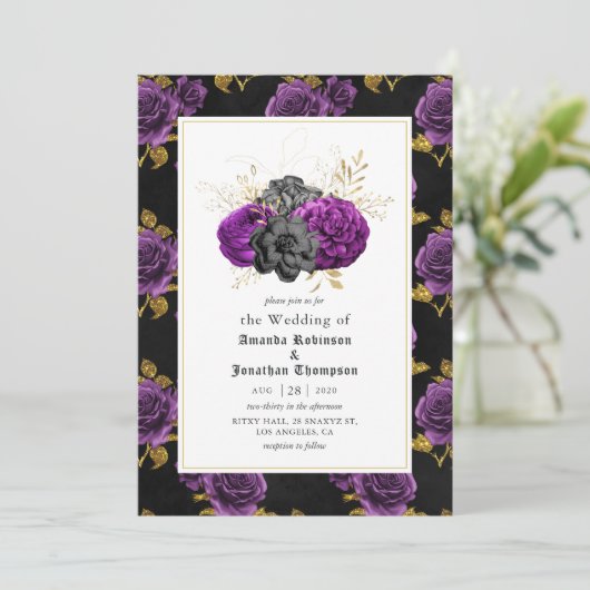 Paarse, Zwarte en Gouden Bloemrijke Gotische Bruil Kaart (Staand voorkant)