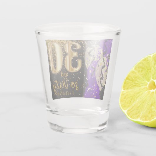 Paarse, zwarte en gouden glitter 30e verjaardag shot glas (Achterkant)