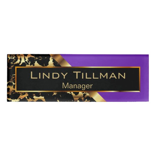 Paarse, zwarte en goudmarmer 2 naambadge (Voorkant)