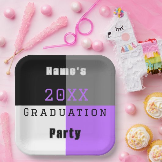 Paarse zwarte en witte afgestudeerden papieren bordje (Feest)