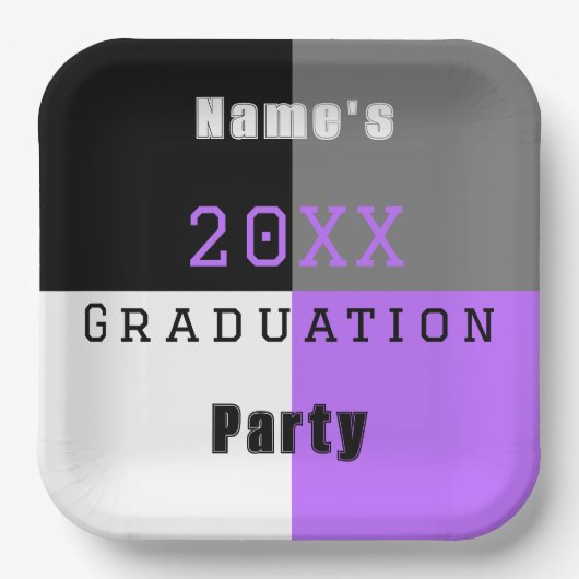 Paarse zwarte en witte afgestudeerden papieren bordje (Voorkant)