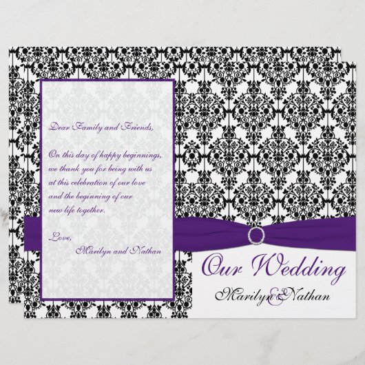 Paarse, zwarte en witte Damask Wedding Program II (Voorkant / Achterkant)