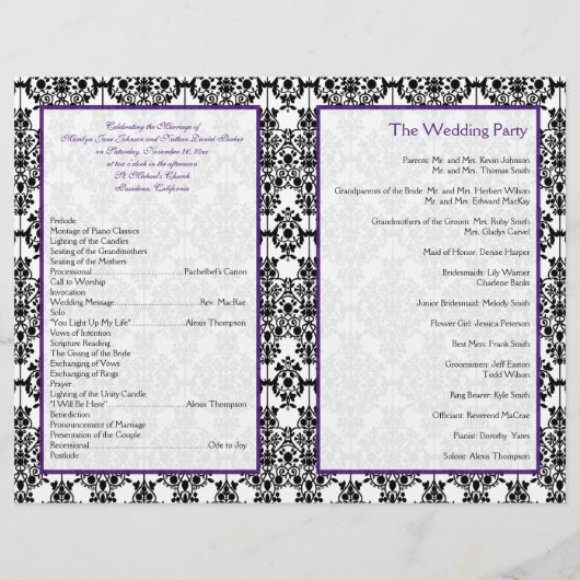 Paarse, zwarte en witte Damask Wedding Program II (Achterkant)