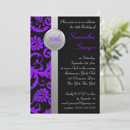 Paarse, zwarte, en Zilver 30th de Uitnodiging van  (Staand voorkant)