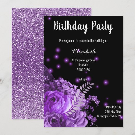 PAARSE ZWARTE FLORAL GARDEN BIRTHDAY KAART (Voorkant / Achterkant)