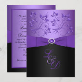 Paarse, zwarte Floral Monogram Weddenschap Kaart (Voorkant / Achterkant)
