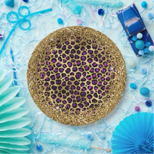 Paarse zwarte Folie en gouden glitterij luipaard g Papieren Bordje (Feest)