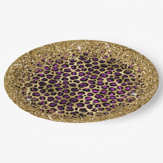 Paarse zwarte Folie en gouden glitterij luipaard g Papieren Bordje (Gekanteld)