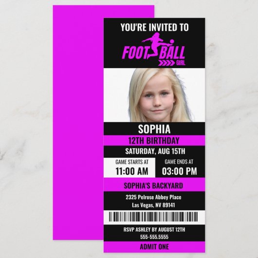 Paarse Zwarte Football Ticket Verjaardag Foto Invi Kaart (Voorkant / Achterkant)